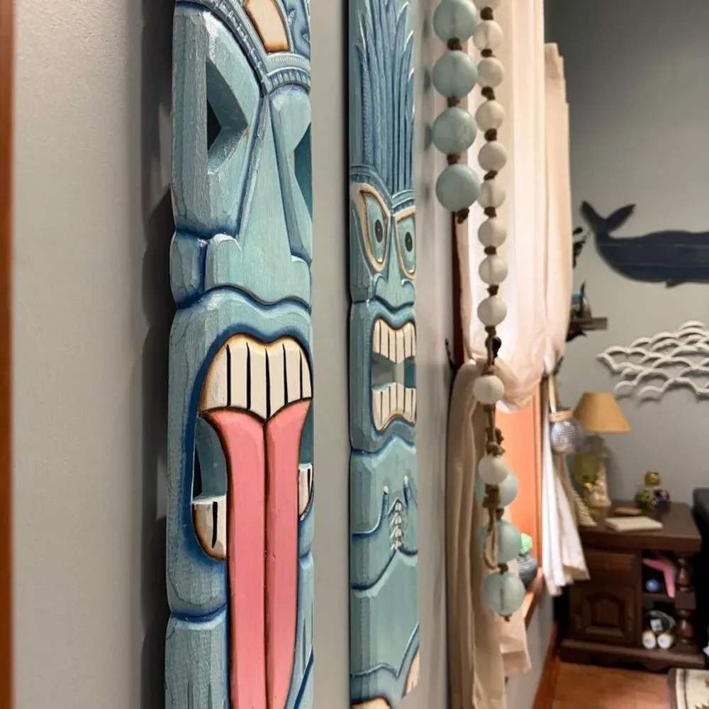 Set of 2 Aqua Tiki Wall Plaques Hand Carved Wood 39 Inch Tall Coastal Decor